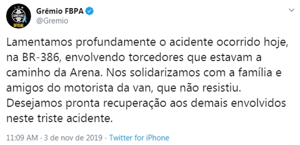 Acidente com ônibus com torcedores do Grêmio deixa um morto e mais de 40 feridos; clube lamenta